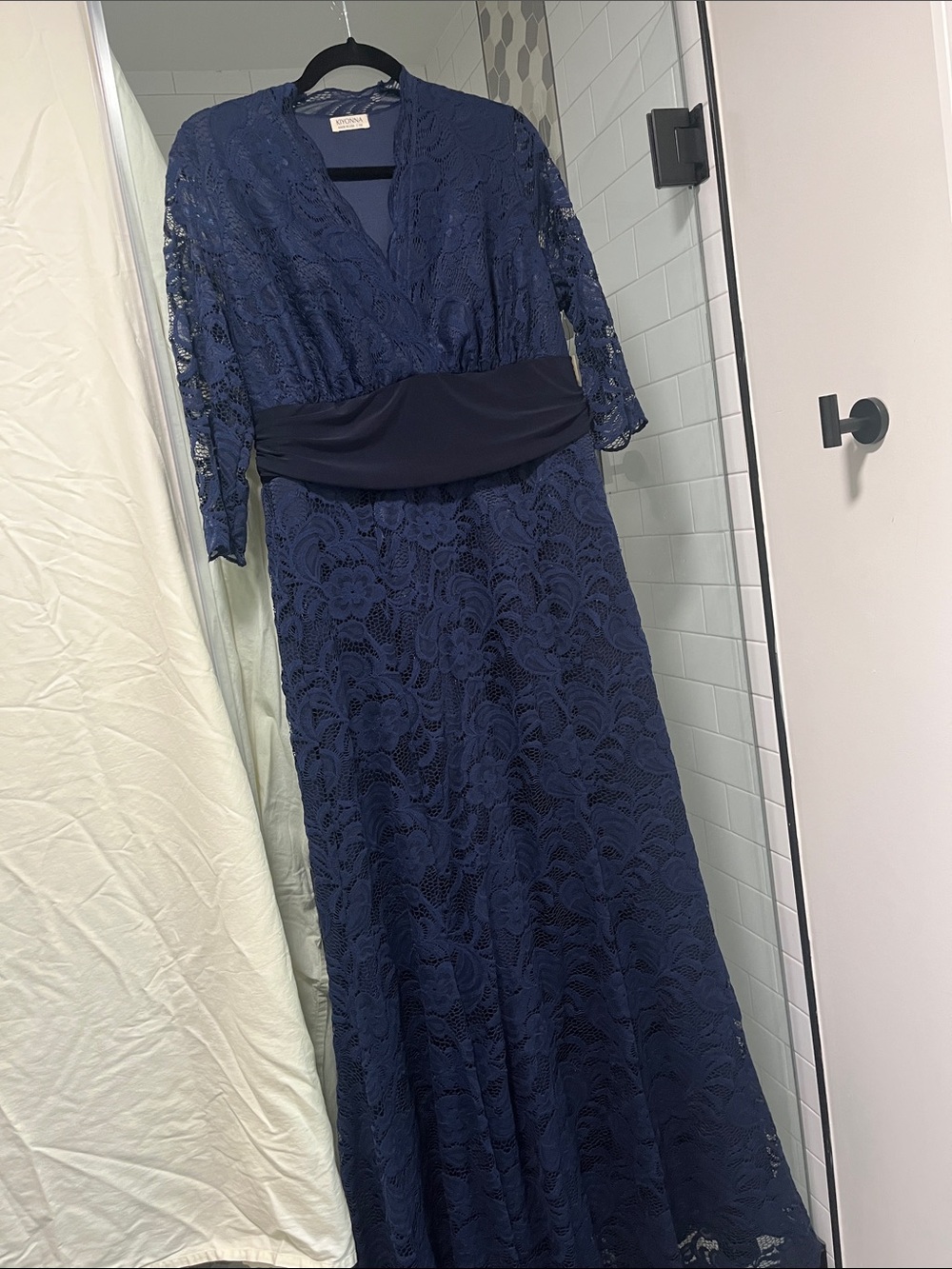 Kiyonna Navy Lace Maxi Dress with Three-Quarter Sleeves